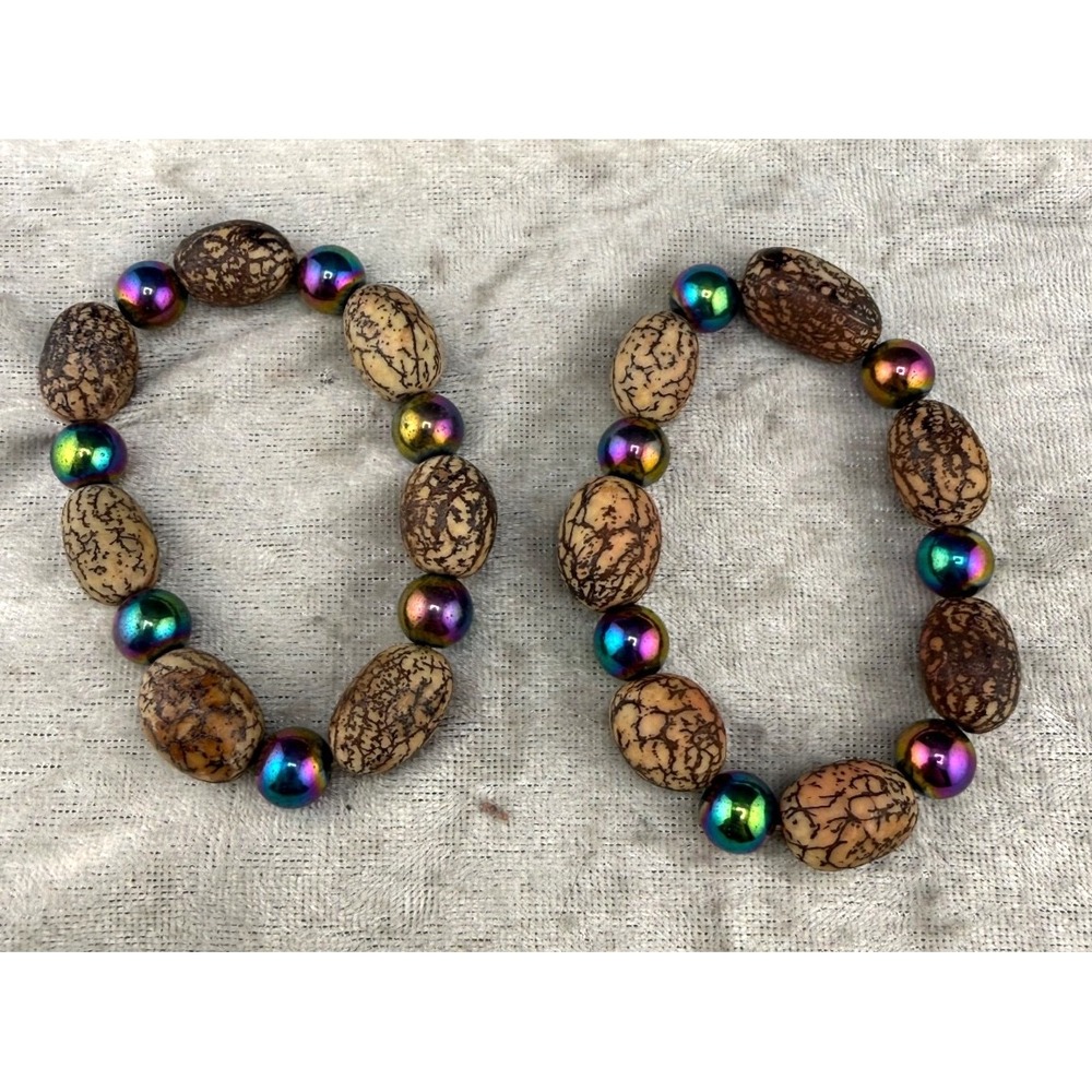 Vintage Estate Beaded Bracelet Multicolor Bodhi Peacock Oil Slick 6.5in